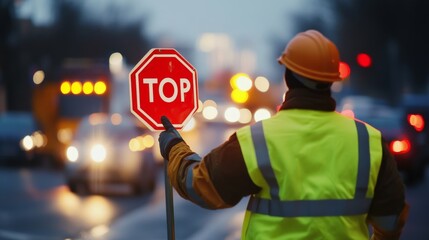 Traffic control worker directing vehicles at a busy roadwork zone. Featuring safety and coordination