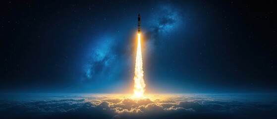 Obraz premium Night Launch: Rocket Ascending Through Starry Skies