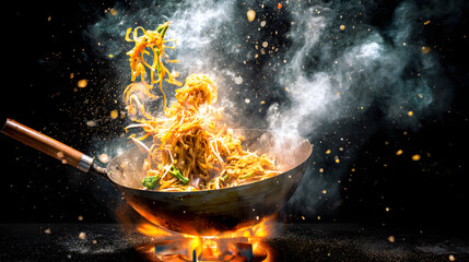 Wok Cooking Scene of Pad Thai Being Tossed in Air with Flying Ingredients and Smoke on Black Background