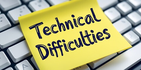 Close-up of a post-it note reading "Technical Difficulties" on a white keyboard, representing system error, service disruption, or IT failure in a work environment


