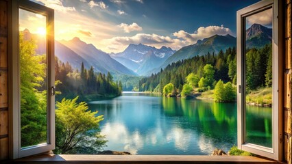 Scenic View from Window of Majestic Mountains and Serene Lake - Nature Photography, Landscape, Tranquility, Outdoor Beauty, Scenic Escape, Window
