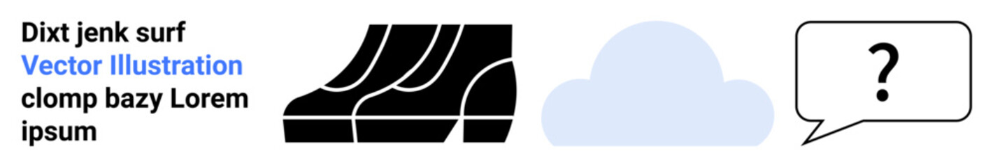 Pair of bold black shoes next to a blue cloud and a speech bubble with a question mark. Ideal for creativity, design concepts, footwear branding, mystery, brainstorming, dialogue, flat landing page