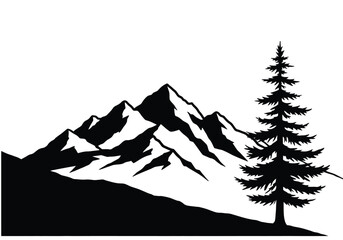 Mountain and tree silhouette. This image features a bold black outline of a jagged mountain range with a tall pine tree in the foreground. Vector black clipart illustration design.