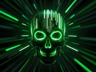 Neon Green Cyber Skull with Digital Streaks for Futuristic Tech Art.