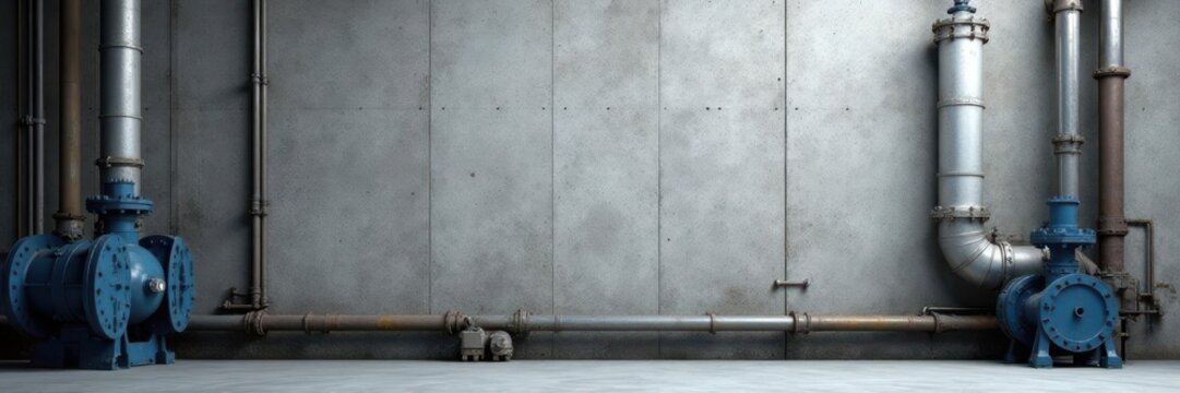 Grey textured concrete wall with metallic machinery, industrial pipes in a factory background , production, factory background