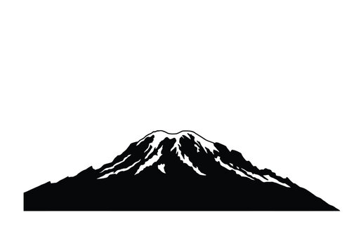 Mt rainier silhouette. This image highlights a bold black silhouette of Mount Rainier with its sharp peaks and snow-covered contours. Vector black clipart illustration design.