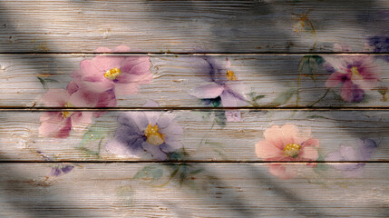 Fototapeta premium A soft floral illustration of delicate field flowers, muted rose and lilac hues, spaced across distressed wooden planks