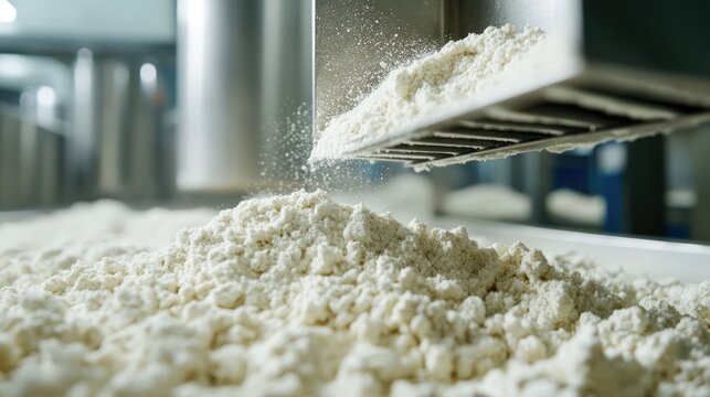 Auger feeder moving powdered meat base to blending tank in factory