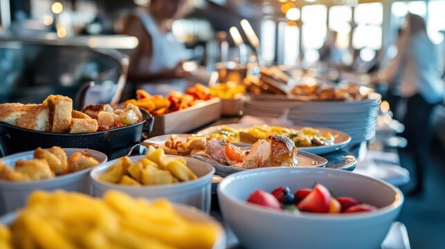 A vibrant buffet spread featuring colorful dishes in a lively restaurant setting