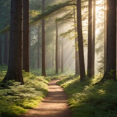 Obraz premium Serene forest scene with tall trees, dappled sunlight, and winding path — tranquil nature landscape