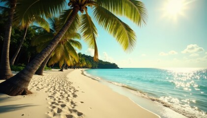 Fototapeta premium Vintage toned film filter on a tropical beach with swaying palms and sunny weather , vintage, tree