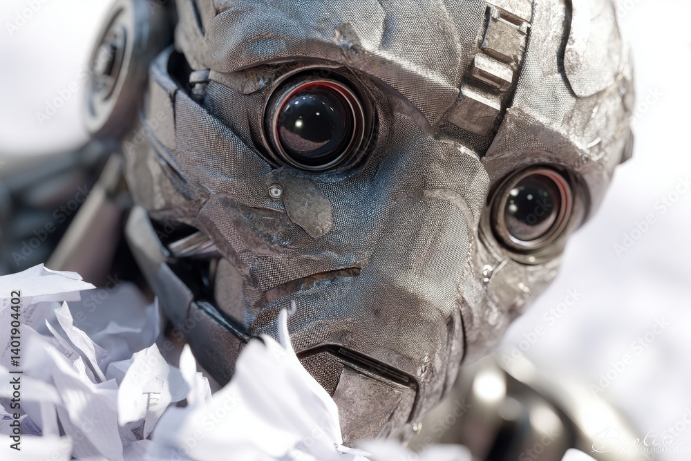 Poster robot analyzing shredded paper office workspace image close-up artificial intelligence concept