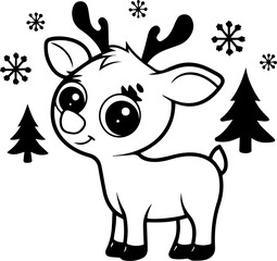 Fototapeta premium svg clipart black silhouette Cute Cartoon Reindeer Character with Snowflakes and Pine Trees Design