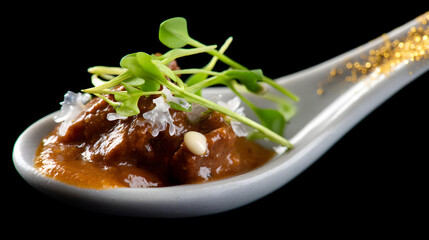 Miniature portion of rich Massaman beef curry garnished with microgreens in elegant spoon presentation