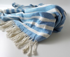 Striped Fringe Throw Blanket with Blue and White Cotton Fabric