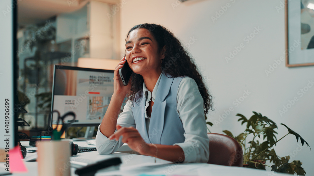 Poster feedback, phone call and smile of business woman in office for editing or publishing. communication,