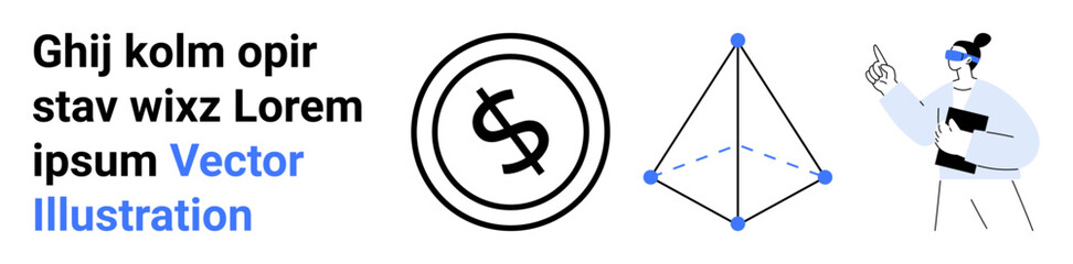 Dollar emblem next to a 3D pyramid structure and a person presenting. Ideal for financial analysis, business planning, presentations, education, concepts, creative thinking, abstract line flat