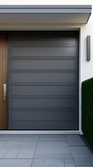Fototapeta premium Modern residential house exterior with a sleek gray garage door, stylish wooden front door, and clean architectural design perfect for real estate and construction themes