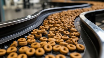 Spiral conveyor cooling freshly extruded pet food shapes before packing