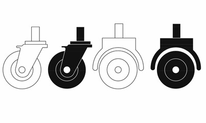 Set of caster wheel vector icons in outline and solid styles. Perfect for furniture, trolley, industrial, and hardware illustrations. Editable stroke © Rustanto