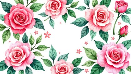 Fototapeta premium Delicate watercolor roses & leaves, repeating floral design , background pattern, seamless