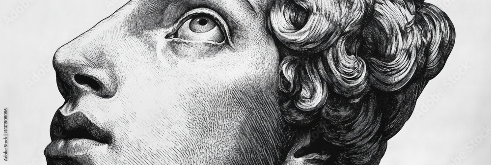 Poster engraved black and white portrait of a classical figure with vintage etching texture and detailed ex