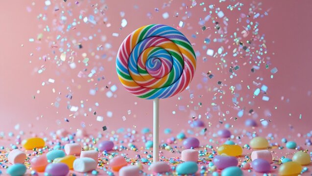 A vibrant swirly rainbowcolored lollipop