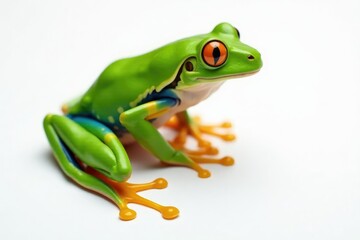 Obraz premium Green tree frog perched on white, vibrant skin, bright, animal photography