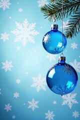 Hanging blue glass ornaments against a snowflake-patterned background, snowflakes, decorations