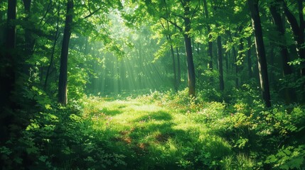 Obraz premium Sunlight filtering through lush green forest foliage in tranquil setting
