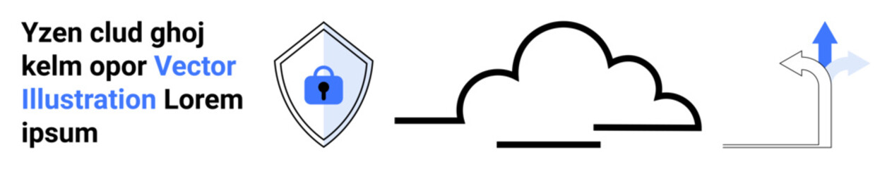 Cloud with security shield icon, lock for data security, arrow symbolizing progress, and abstract dashed lines. Ideal for technology, data security, innovation, progress, cloud storage privacy flat