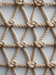Close-up of beige rope netting, showing detailed texture and pattern of knotted ropes arranged in a diamond grid against a neutral background


