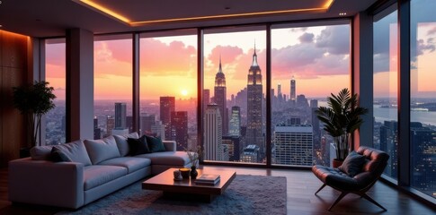 Modern apartment with floor-to-ceiling windows offering breathtaking views of the city skyline at sunset , city skyline, urban view