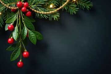 Red and green mistletoe hangs from a golden garland isolated on a dark grey background, festive, decorations