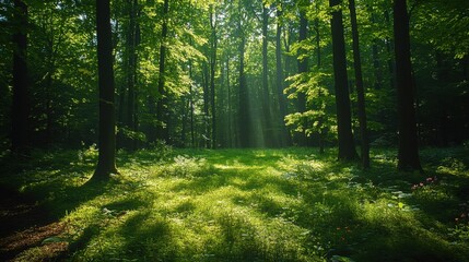 Obraz premium Sunlight filtering through lush green forest trees creating a atmosphere