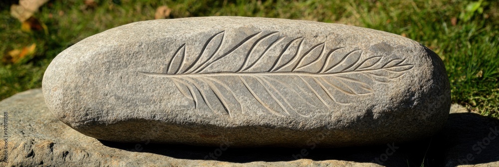 Poster large smooth stone featuring a carved leaf pattern rests peacefully on a grassy surface surrounded b