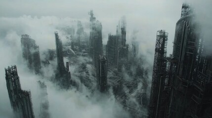 Aerial view of a fog-shrouded, ruined city