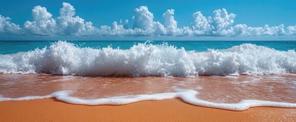Ocean waves crash on shore of the beach on a sunny day. Blue sky and clouds complete scene