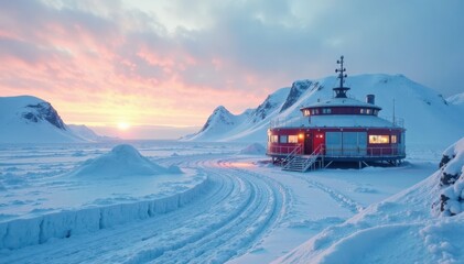 Obraz premium South Pole research station amidst icy landscape, science, snow