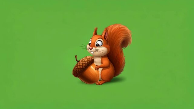 Adorable Red Squirrel with Acorn on Green Background