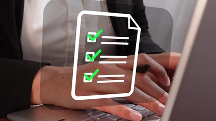 Close-up of hands on a computer with a checklist icon floating above, representing document control and process management in a business office setting - Powered by Adobe
