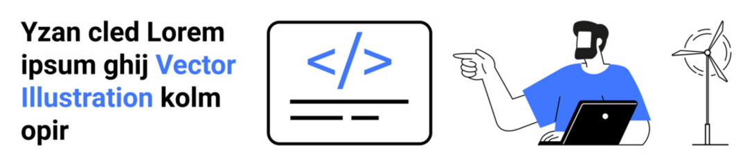 Developer pointing at code on screen with adjacent wind turbine, blending technology and sustainability. Ideal for coding, innovation, energy, teamwork, digital tools, eco-tech, flat landing page