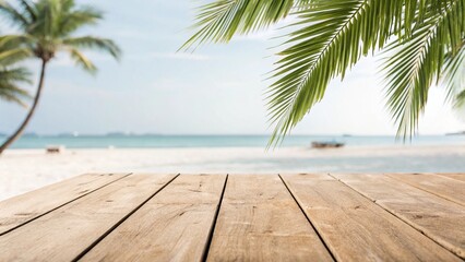 Empty Wooden Planks With Blur Beach And Sea On background.Wooden floor or plank on sand beach in summer.Calm Sea and Blue Sky Background.