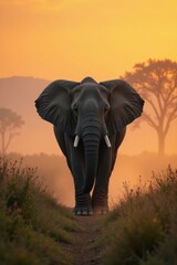 Obraz premium Elephant walks through dense mist on savannah at dawn, African plains, safari landscape, wild animals