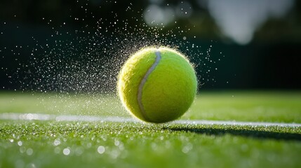 Tennis ball in motion on a court.  Water droplets and light create a dynamic image of a tennis ball about to hit the ground on a grassy court