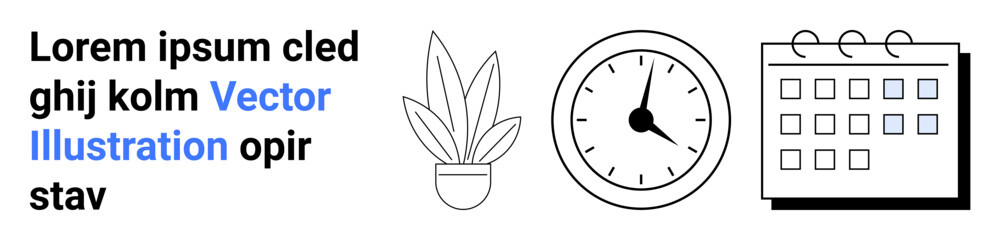 Potted plant, analog clock, calendar with notes. Ideal for time management, scheduling, productivity, office planning, organization, workflow flat landing page banner