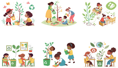 Flat Illustration of Eco-Friendly Activities and Tree Planting for Environmental Awareness.