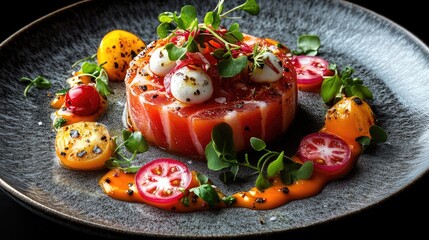 Elegant dish red fish, tomatoes, white pearls, green sprouts, and sauce on a dark plate