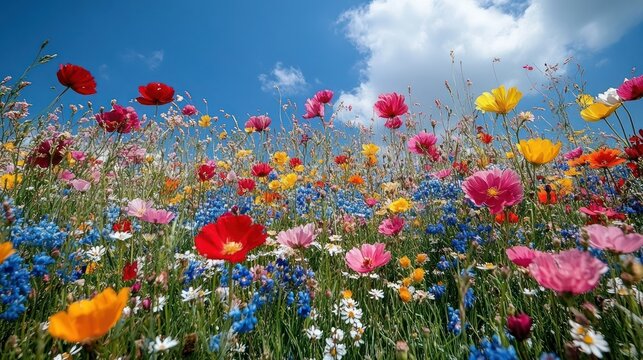Vibrant flower field under a clear blue sky