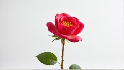 Obraz premium Elegant Pink Rose Bloom: A Delicate Display of Beauty with Graceful Petals and Verdant Leaves Against a Pure White Backdrop.